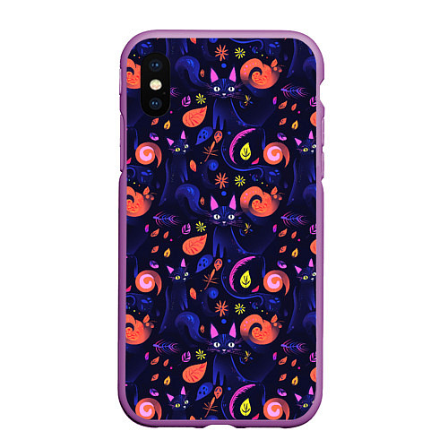 Чехол iPhone XS Max матовый Черные кошки - паттерн / 3D-Фиолетовый – фото 1