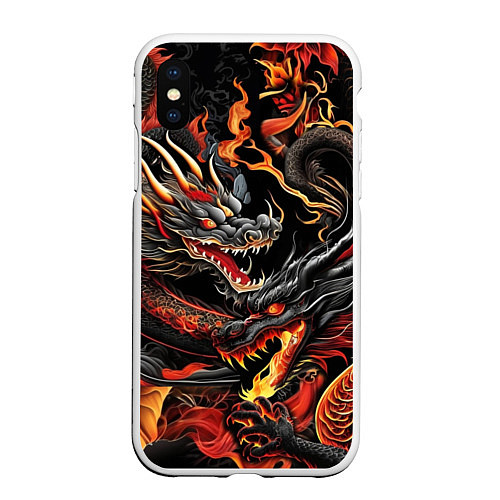 Чехол iPhone XS Max матовый Огненные драконы в стиле тату ирезуми на черном / 3D-Белый – фото 1