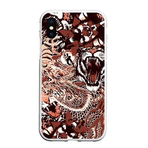 Чехол iPhone XS Max матовый Тигр дракон и самурай / 3D-Белый – фото 1