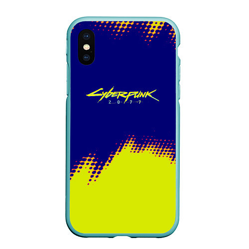 Чехол iPhone XS Max матовый Cyberpunk 2077 краски жёлтые / 3D-Мятный – фото 1