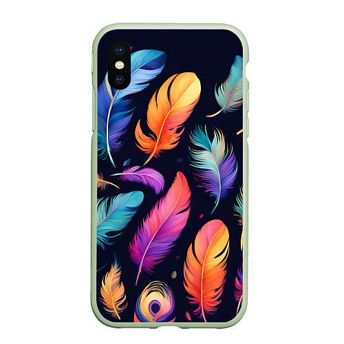 Чехол iPhone XS Max матовый Разноцветные переливающиеся перья / 3D-Салатовый – фото 1