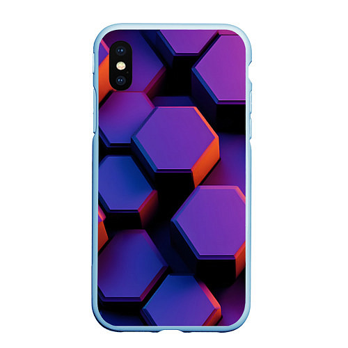 Чехол iPhone XS Max матовый Неоновые трехмерные соты / 3D-Голубой – фото 1