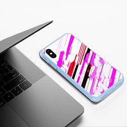 Чехол iPhone XS Max матовый Красно-розово-чёрные полосы на белом фоне, цвет: 3D-голубой — фото 2