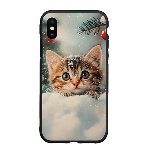 Чехол iPhone XS Max матовый Маленький котенок на снегу с новогодними шариками / 3D-Черный – фото 1