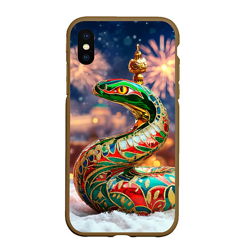 Чехол iPhone XS Max матовый Змея на фоне новогоднего кремля / 3D-Коричневый – фото 1