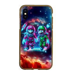 Чехол iPhone XS Max матовый Марио и Луиджи в открытом космосе - неоновое свече, цвет: 3D-коричневый