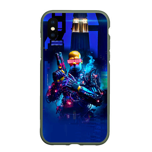 Чехол iPhone XS Max матовый Homer Simpson with a pistol - cyberpunk / 3D-Темно-зеленый – фото 1