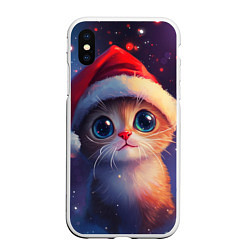 Чехол iPhone XS Max матовый Котик новогодний в шапочке, цвет: 3D-белый