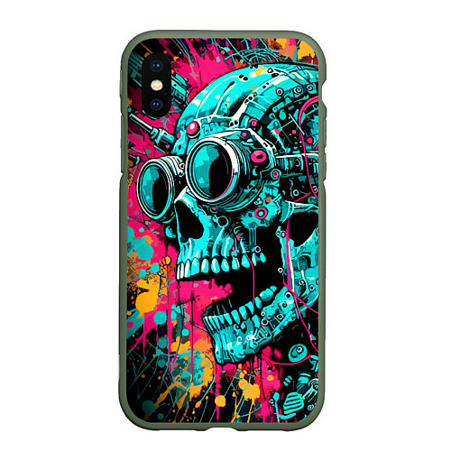 Чехол iPhone XS Max матовый Cyber skull sketch - color blots / 3D-Темно-зеленый – фото 1