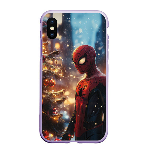 Чехол iPhone XS Max матовый Spider-man new year / 3D-Светло-сиреневый – фото 1