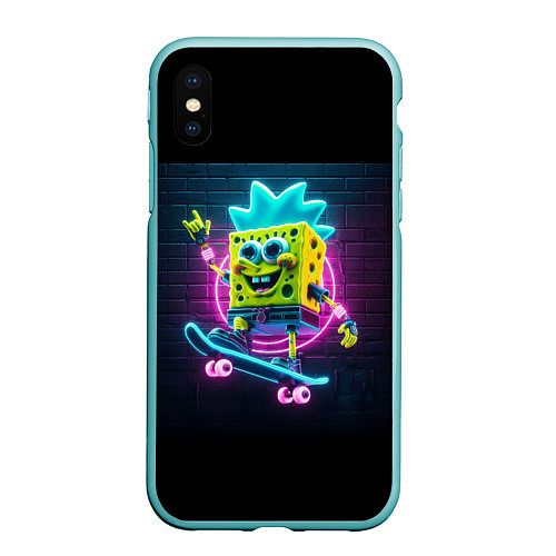 Чехол iPhone XS Max матовый Sponge Bob on a skateboard - ai art fantasy / 3D-Мятный – фото 1