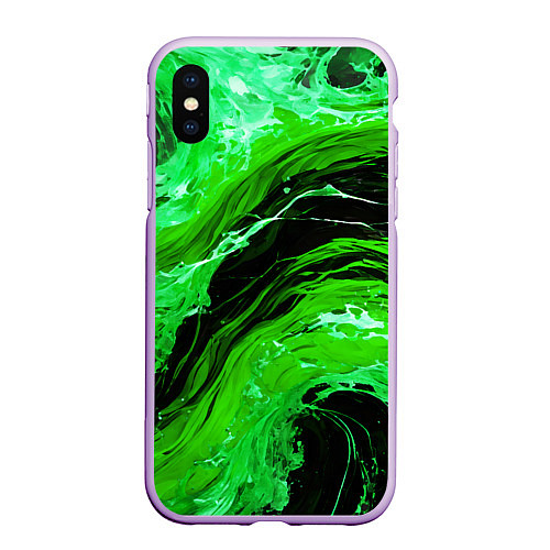 Чехол iPhone XS Max матовый Зелёные брызги на чёрном фоне / 3D-Сиреневый – фото 1