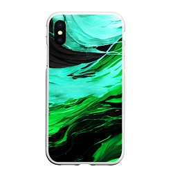 Чехол iPhone XS Max матовый Зелёные волны на чёрном фоне, цвет: 3D-белый