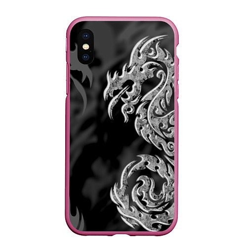 Чехол iPhone XS Max матовый Серый дракон трайбл / 3D-Малиновый – фото 1