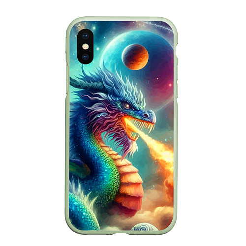 Чехол iPhone XS Max матовый Огнедышащий космический дракон - нейроарт фантазия / 3D-Салатовый – фото 1