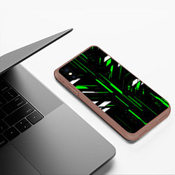 Чехол iPhone XS Max матовый Зелёно-белые полосы и точки на чёрном фоне, цвет: 3D-коричневый — фото 2