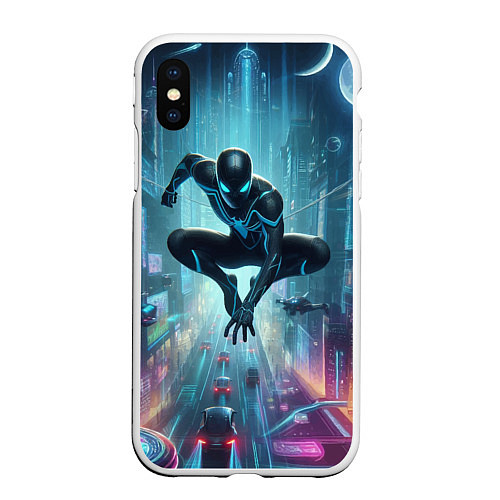 Чехол iPhone XS Max матовый Spider-man in the neon metropolis / 3D-Белый – фото 1