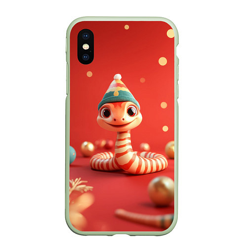 Чехол iPhone XS Max матовый Змейка в красном новогоднем интерьере / 3D-Салатовый – фото 1