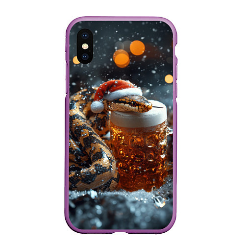 Чехол iPhone XS Max матовый Новогодняя змея и кружка пива / 3D-Фиолетовый – фото 1