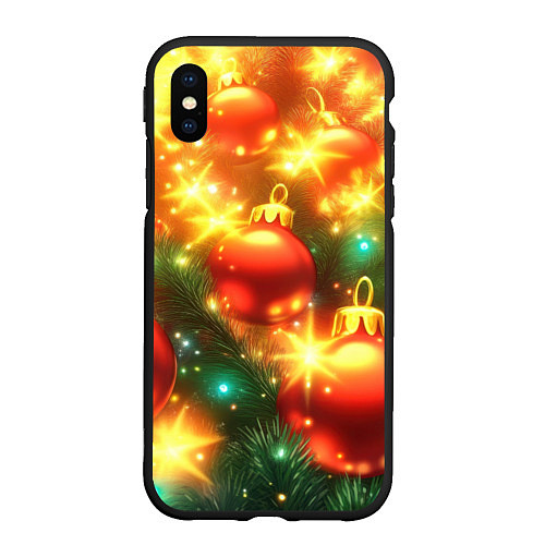 Чехол iPhone XS Max матовый Красные новогодние шары и гирлянда / 3D-Черный – фото 1