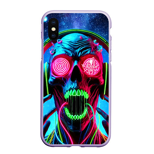 Чехол iPhone XS Max матовый Metallica - neon skull with headphones / 3D-Светло-сиреневый – фото 1