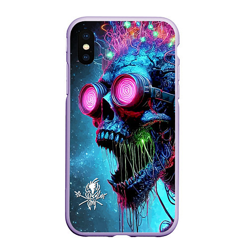 Чехол iPhone XS Max матовый Metallica - crazy skeleton with headphones / 3D-Светло-сиреневый – фото 1