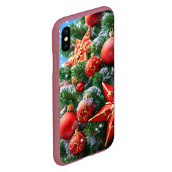 Чехол iPhone XS Max матовый Красные шары и звезда новогодняя, цвет: 3D-малиновый — фото 2