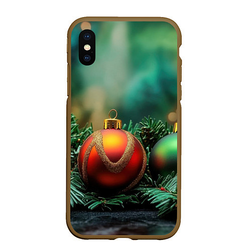 Чехол iPhone XS Max матовый Новогодние шары на ветках / 3D-Коричневый – фото 1