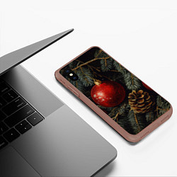 Чехол iPhone XS Max матовый Красные новогодние шары с шишкой, цвет: 3D-коричневый — фото 2