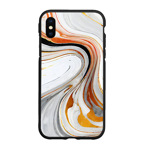 Чехол iPhone XS Max матовый Волнистые чёрно-жёлтые линии на белом фоне / 3D-Черный – фото 1