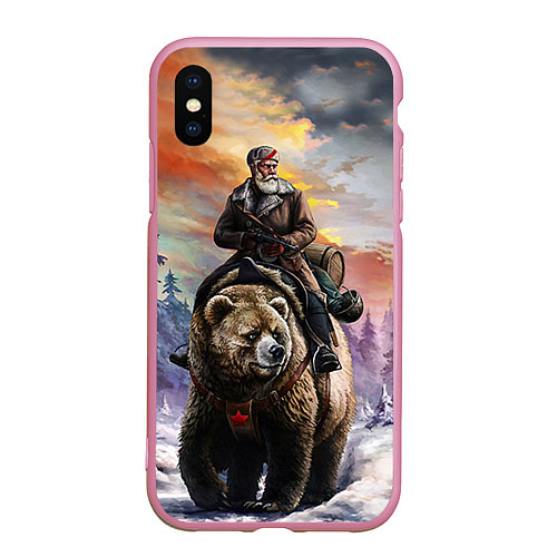 Чехол iPhone XS Max матовый Красноармеец на медведе / 3D-Розовый – фото 1