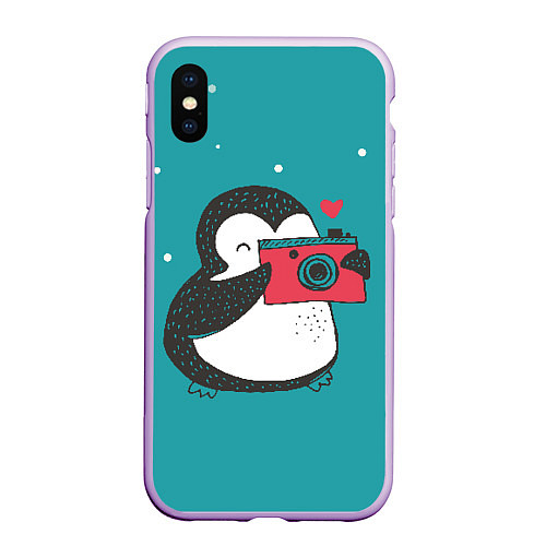 Чехол iPhone XS Max матовый Пингвин с фотоаппаратом / 3D-Сиреневый – фото 1