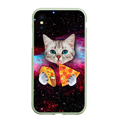 Чехол iPhone XS Max матовый Кот с едой / 3D-Салатовый – фото 1