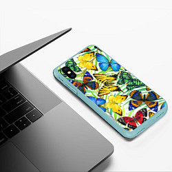 Чехол iPhone XS Max матовый Тропические бабочки, цвет: 3D-мятный — фото 2