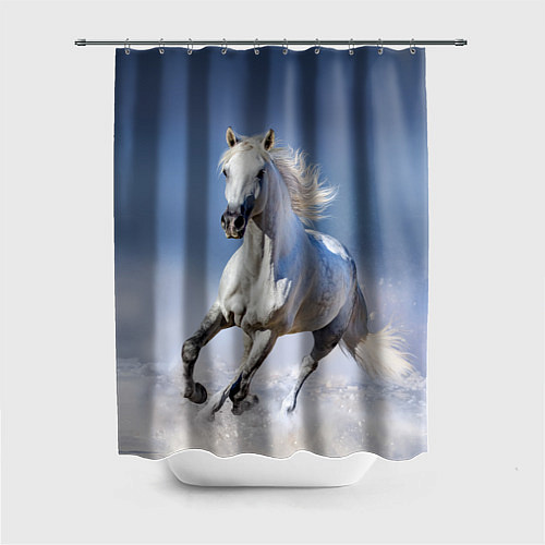 Шторка для ванной Белая лошадь скачет по снегу / 3D-принт – фото 1