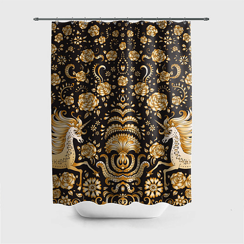 Шторка для ванной Золотые единороги и цветы / 3D-принт – фото 1