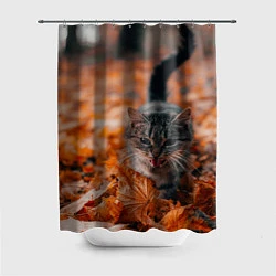 Шторка для ванной Мяукающий кот осенние листья