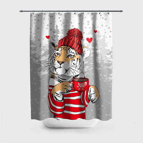 Шторка для ванной Тигр с чашкой кофе / 3D-принт – фото 1