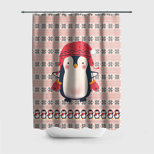 Шторка для ванной Милый пингвин в шапочке и варежках / 3D-принт – фото 1