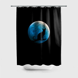 Шторка для ванной Силуэт кота на фоне синей луны