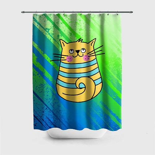 Шторка для ванной Желтый кот в зеленую полоску / 3D-принт – фото 1