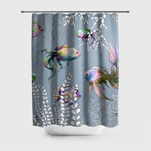 Шторка для ванной Разноцветные акварельные рыбки и белые водоросли / 3D-принт – фото 1