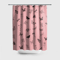 Шторка для ванной Цветочки и бабочки на розовом фоне