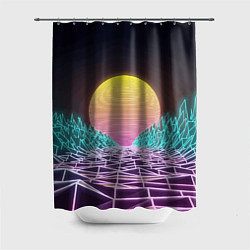 Шторка для душа Vaporwave Закат солнца в горах Neon, цвет: 3D-принт