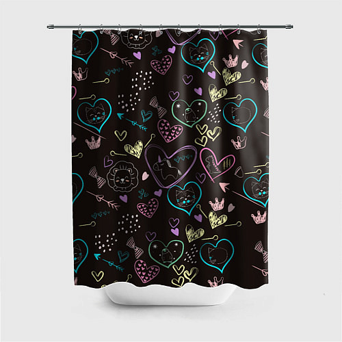 Шторка для ванной Паттерн милые животные и сердечки / 3D-принт – фото 1