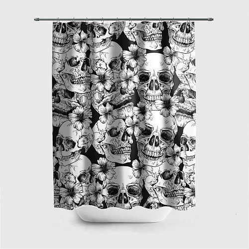 Шторка для ванной Чёрно белые черепа и маки / 3D-принт – фото 1