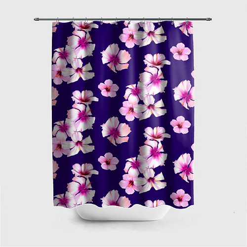 Шторка для ванной Цветы Розовые Гибискус На Синем Фоне / 3D-принт – фото 1