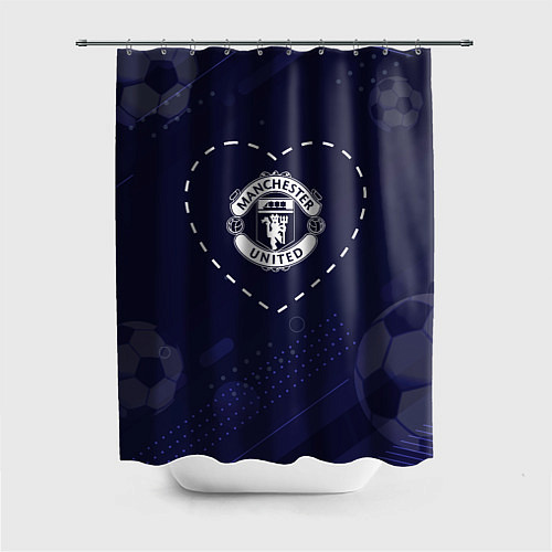 Шторка для ванной Лого Manchester United в сердечке на фоне мячей / 3D-принт – фото 1