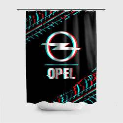 Шторка для душа Значок Opel в стиле Glitch на темном фоне, цвет: 3D-принт