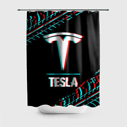 Шторка для ванной Значок Tesla в стиле Glitch на темном фоне